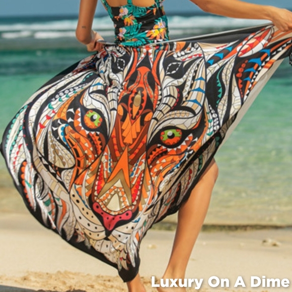 Colorful Swim Coverup Convertible Spaghetti Strap Swimwear Dress Sarong Lion - Picture 1 of 8